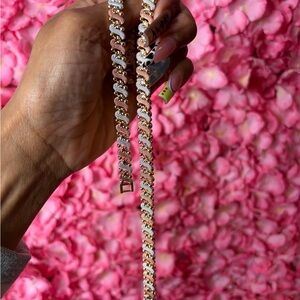 Rose Gold and Silver Twisted Link Necklace & Bracelet set  - Women Jewelry
